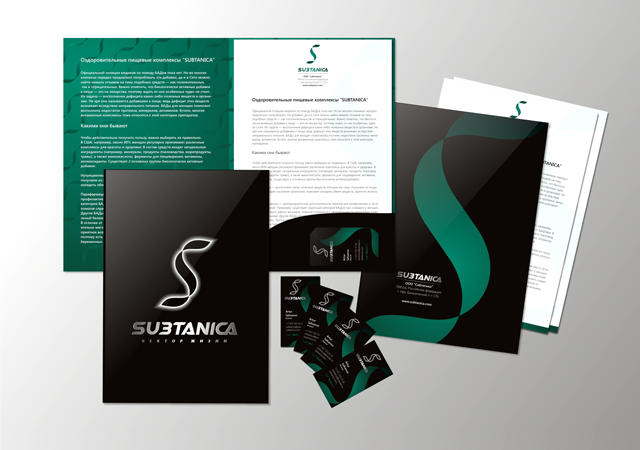 На фото разработаный дизайн фирменного стиля для компании SUBTANIKA. Черный фон темно зеленый текст, логотип в виде волны и темно зеленые волны верикальные.