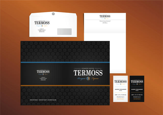 На фотографии полиграфическая продукция, визитка, фирменный бланк, конверт, папка, разработаная для компании Termoss.