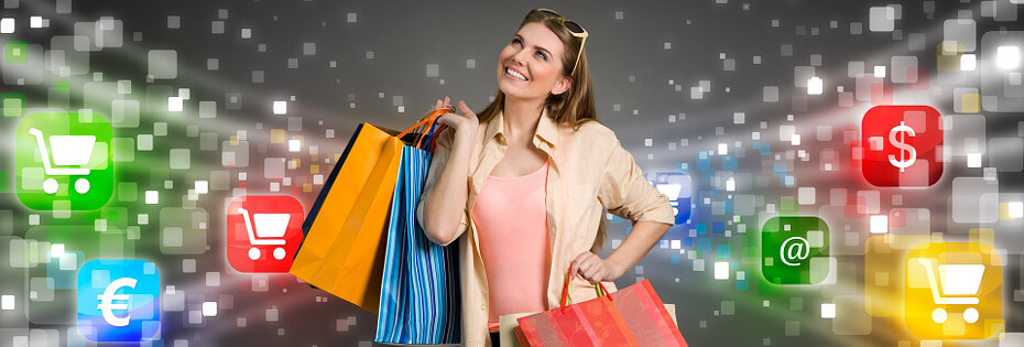 на фото красивая девушка с пакетами после шоппинга, вокруг нее иконки тележек покупательских для супермаркетов и магазинов и иконки разных валют