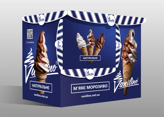 На фото макет рекламы для компании Ванилино с изображением мороженого, дизайн бренда оформлен в узнаваемом оригенальном стиле.